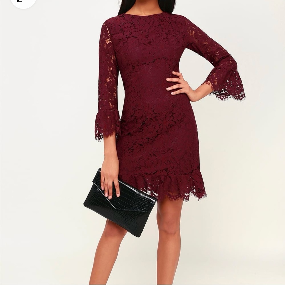 Lulus Flair-est of Them All Plum Purple Lace Flounce Sleeve Dress‎ Sz Small NEW